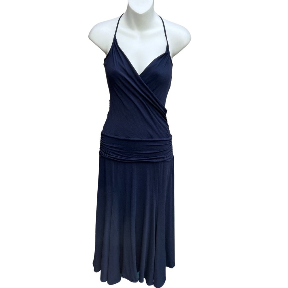 BCBGMaxAzria Spaghetti Strap V-Neck Fit & Flare Midi Dress Navy S